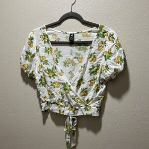 Lemon Print Wrap Blouse - White with Yellow and Green
